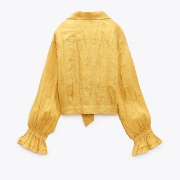 Zara Yellow 100% Ramie Tie Waist Cropped Blouse with ruffled long sleeve - Picture 3 of 12